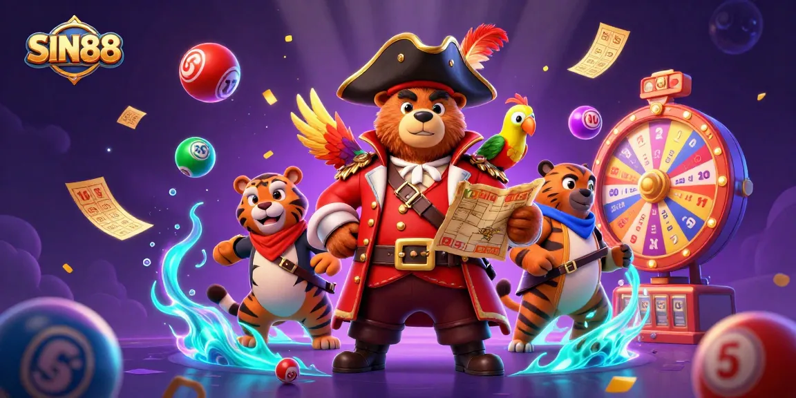 SIN88 promote excitement with a pirate captain bear and companions among colorful lottery elements.