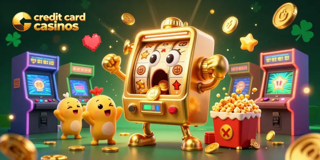 Experience thrilling gameplay at credit card casinos with a vibrant slot machine and celebratory elements.