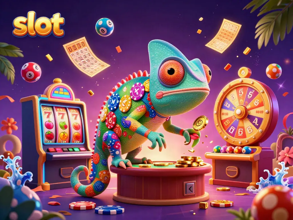 Experience the thrill of slot gaming with a vibrant 3D chameleon casino owner amidst exciting slot features.
