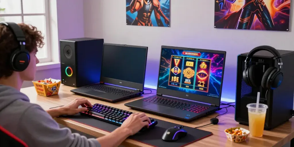 Akunjp online gaming experience with engaging slot game setup in a cozy room.