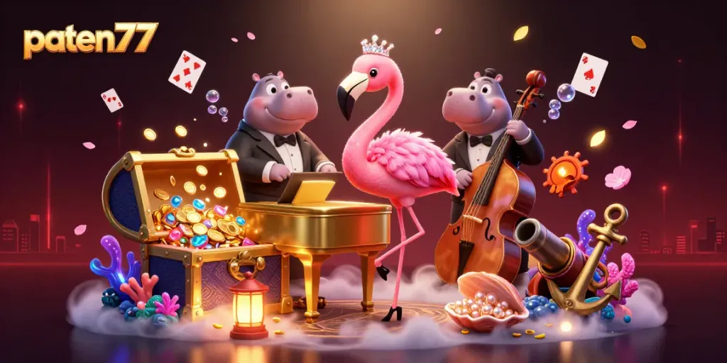 Experience the lively ambiance of paten77 casino with a cartoon flamingo performer and vibrant elements.
