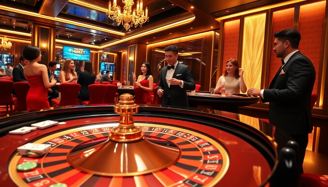 Exciting gambling scene featuring roulette and poker, representing TRANG CHỦ HBBET's luxurious online casino.