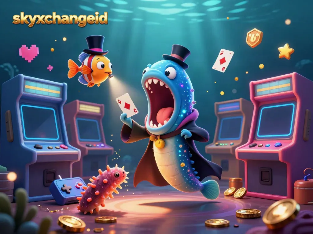 Engage with skyxchangeid's vibrant gambling world in a dynamic underwater scene featuring magical sea creatures.