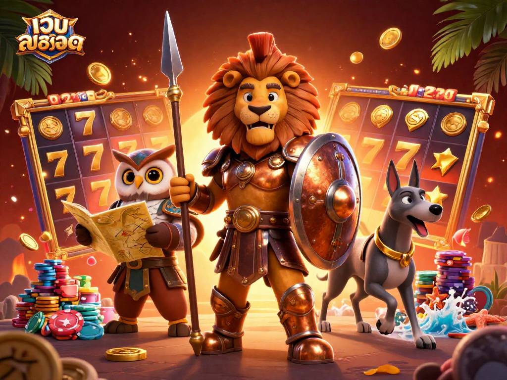 Experience the thrill of เว็บสล็อต with a vibrant, 3D digital illustration combining a Spartan lion, owl, and greyhound amidst slot reels.
