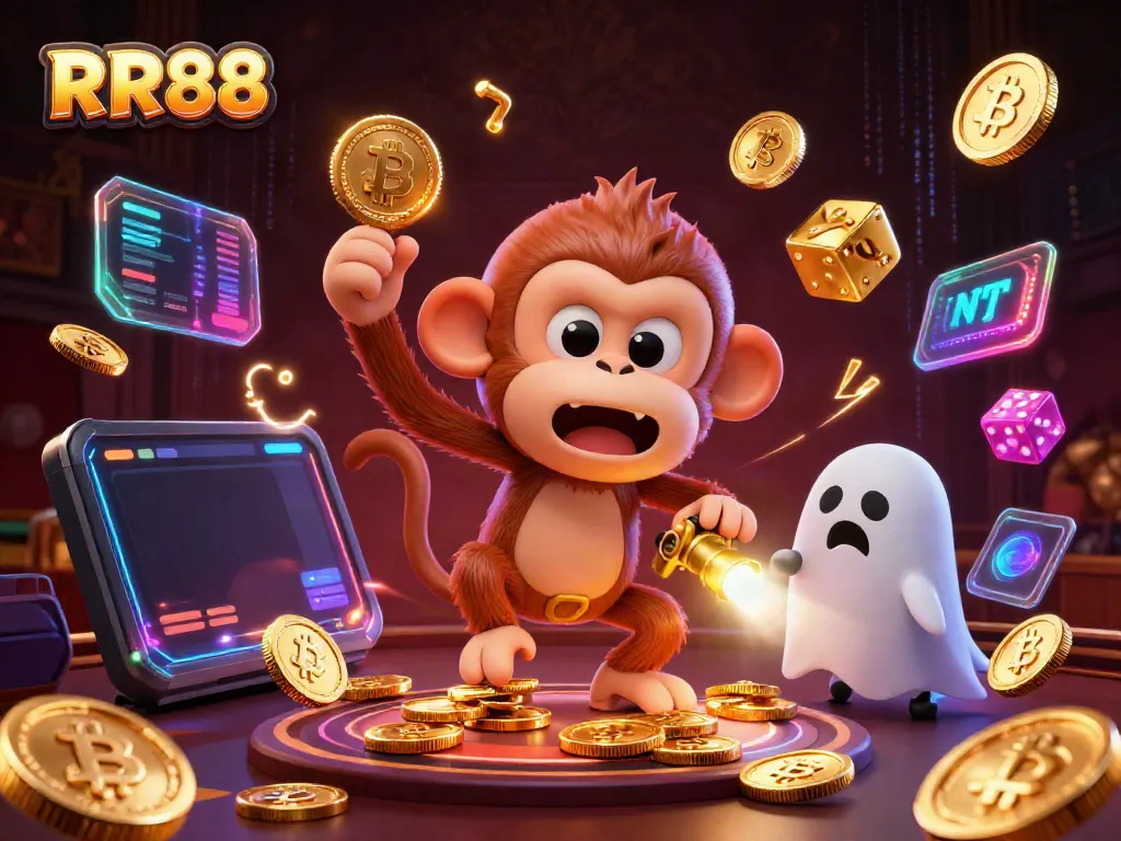 RR88 showcases a playful poltergeist monkey juggling golden coins in a haunted casino, captivating a curious puppy.