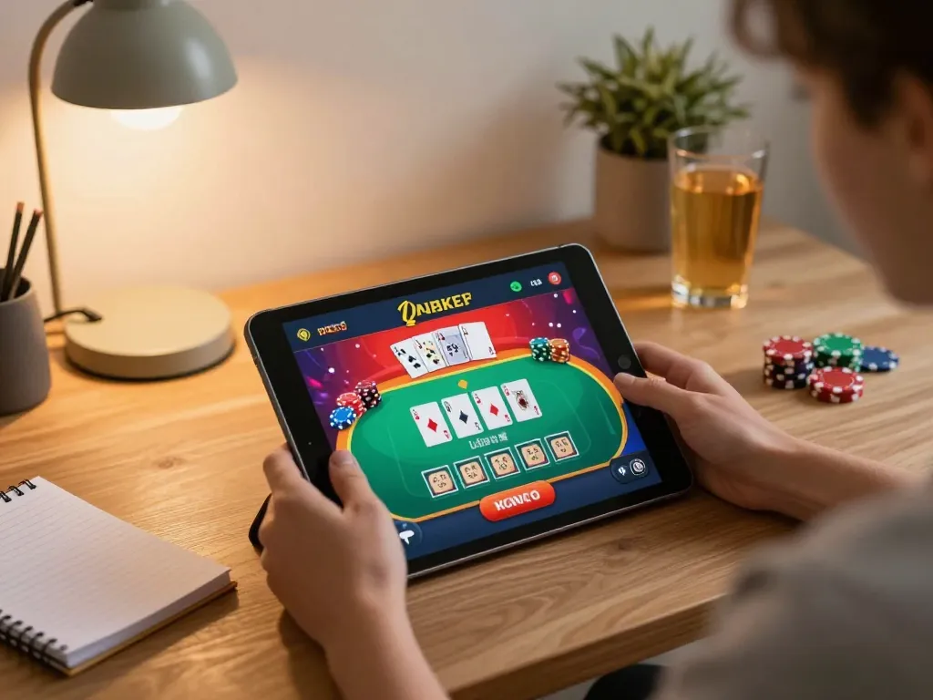Play poker on a tablet with to188 in a cozy home gaming setup, showcasing responsible gaming.