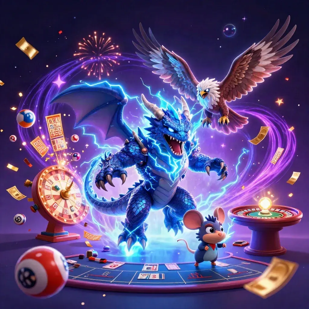 Thunder dragon, wind hawk, and static mouse amid neon casino magic and cosmic treasure.