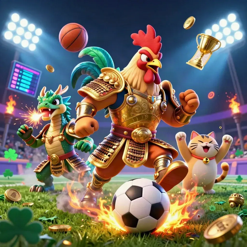 Rooster warrior, dragon hatchling, and fortune-cat blast a soccer ball amid casino lights.