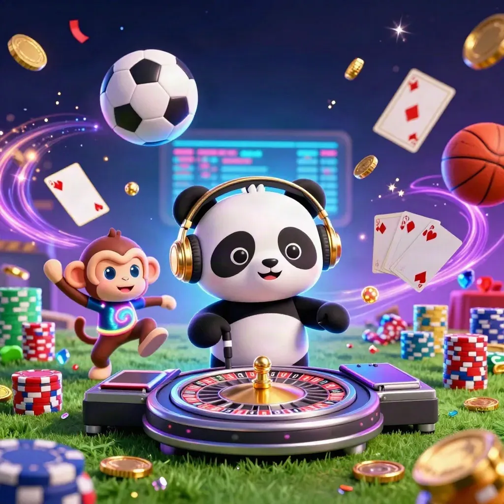 DJ panda, monkey, and glow-stick kitten amid casino chips, coins, and sports balls in neon space