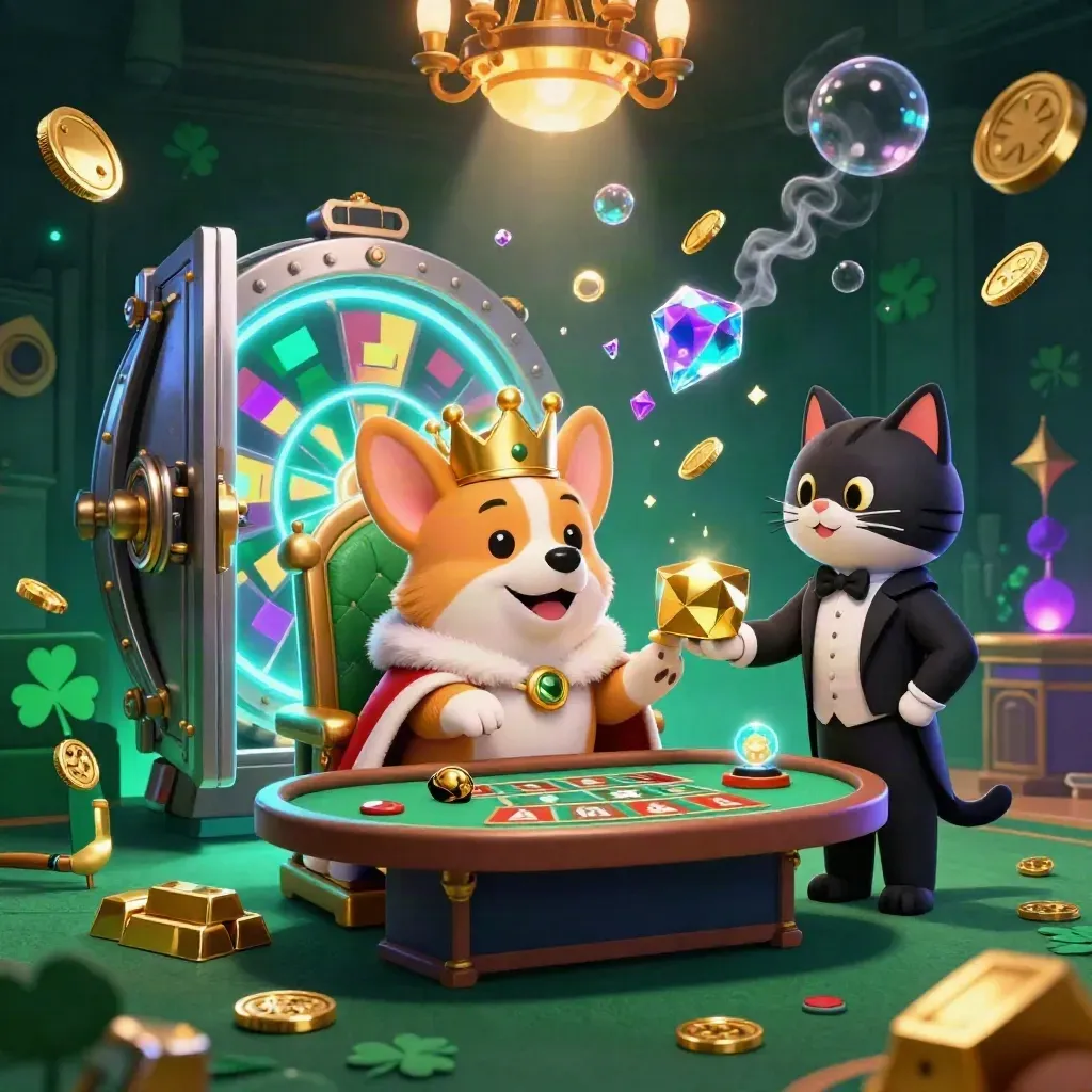 Royal corgi and cat butler in a cosmic casino vault with gold, gems, smoke, and spinning tables