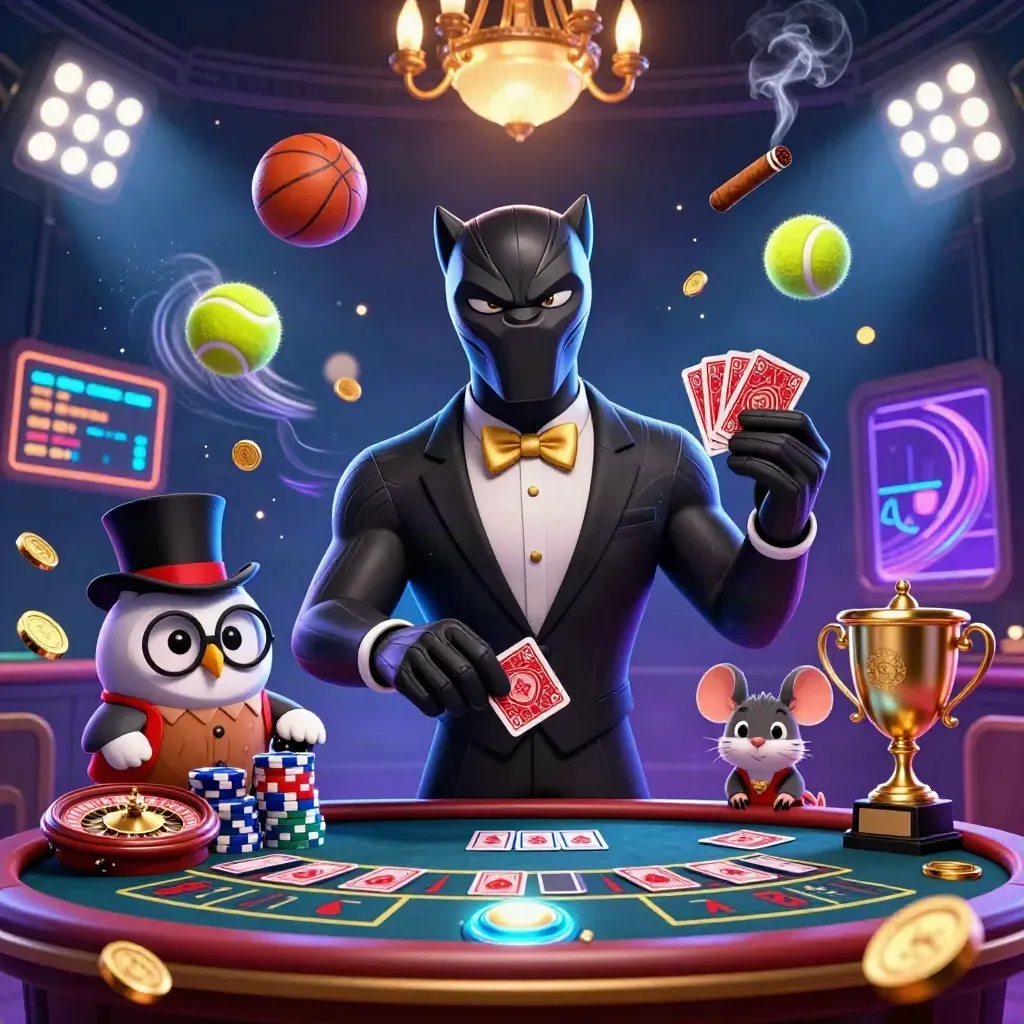 Panther, owl, and mouse at a luxe cosmic casino table with balls, trophy, wheel, and neon glow.