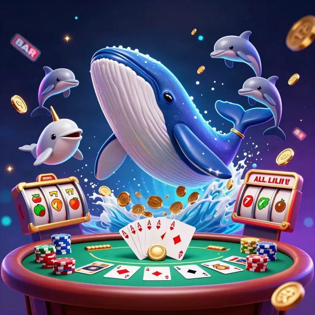 Whale captain, narwhal, and dolphins burst from coins amid neon casino chips and cyan glow.