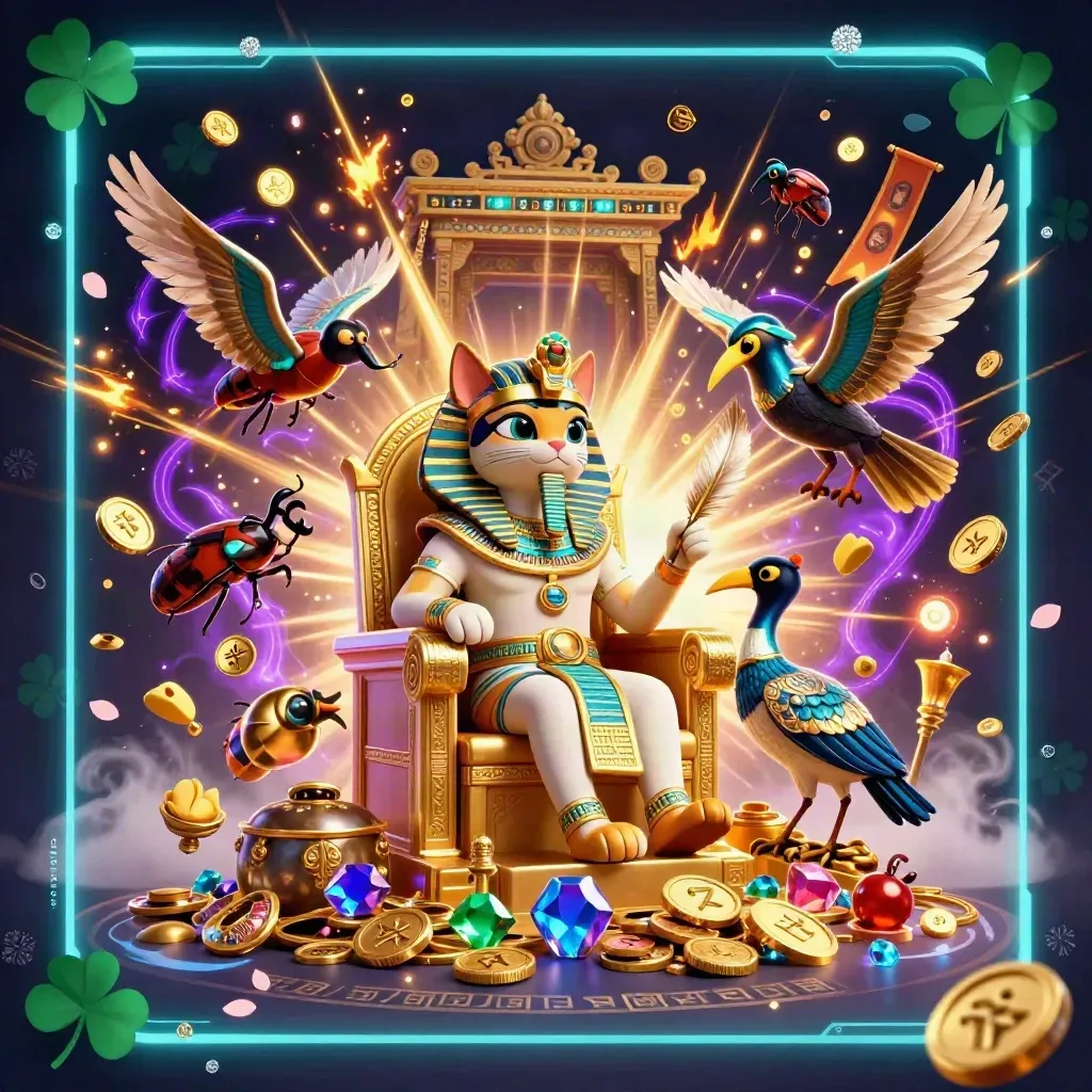 Pharaoh cat, ibis scribe, and gem-winged scarabs burst with gold and neon in a cosmic casino scene.