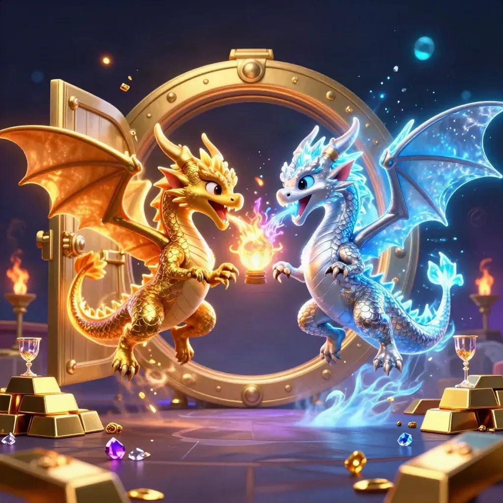 Twin gold and silver dragons spiral around a lantern spirit as a treasure vault explodes with light and gems.
