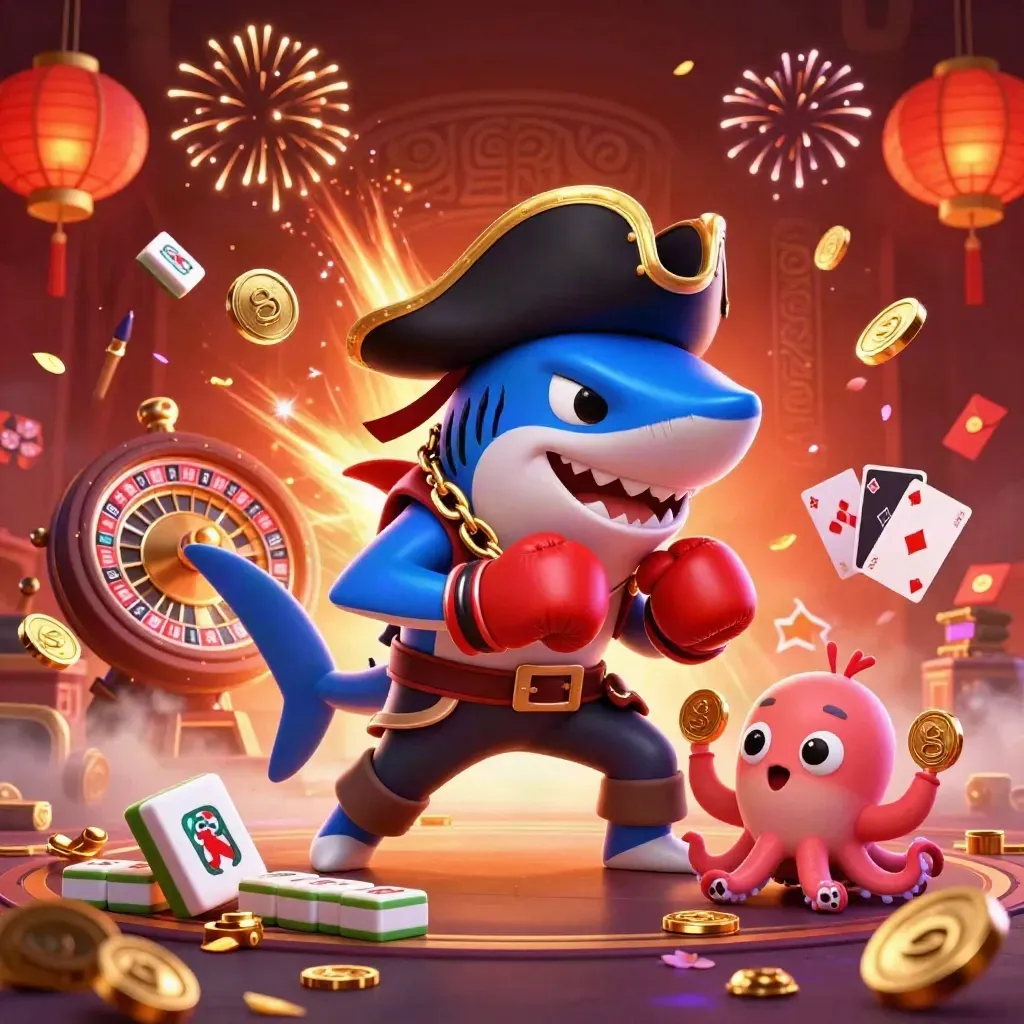Pirate shark, boxing pufferfish, and coin-juggling octopus amid casino treasure and fireworks.