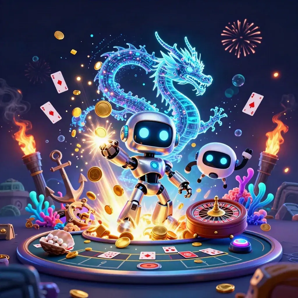 Cyberpunk robot, holographic dragon and coin drone amid a coin burst in a cosmic treasure cove