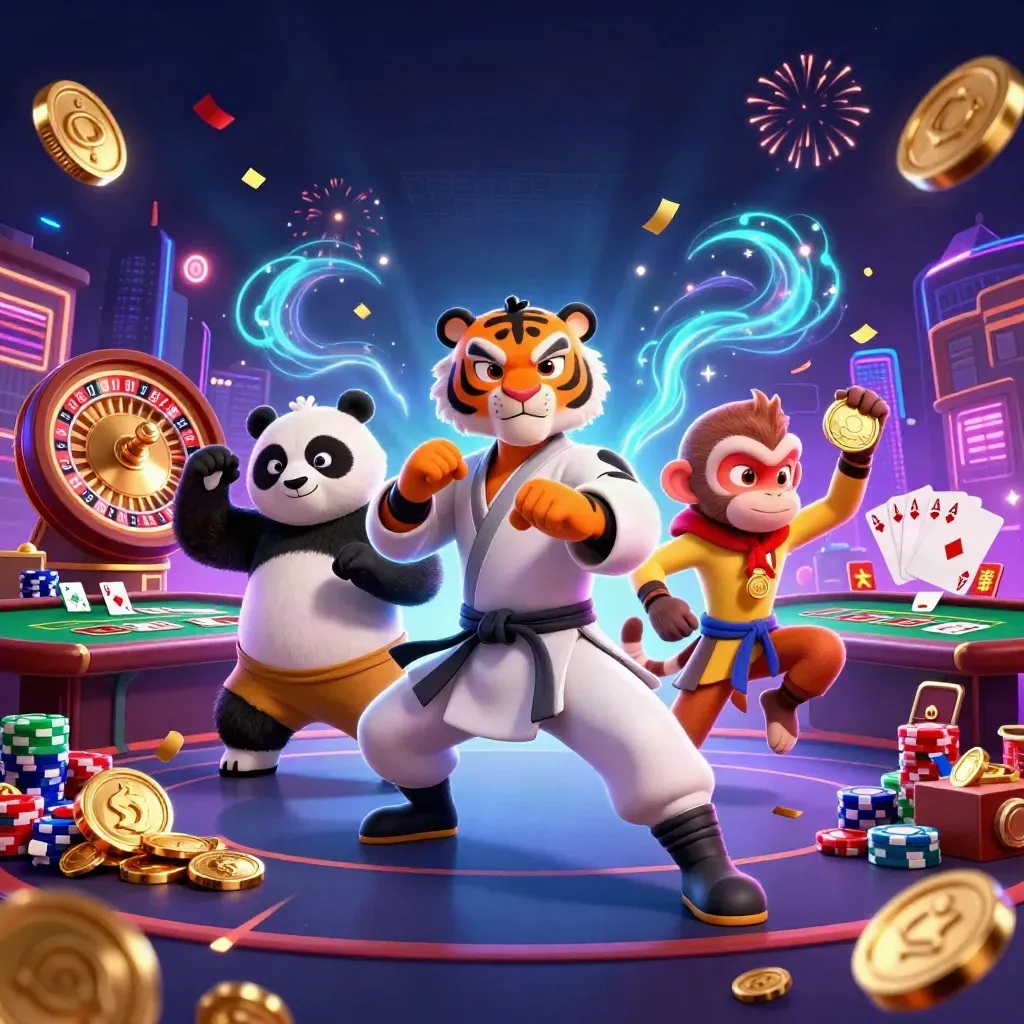 Tiger, panda and monkey amid casino loot, chips, cards and cosmic fireworks.