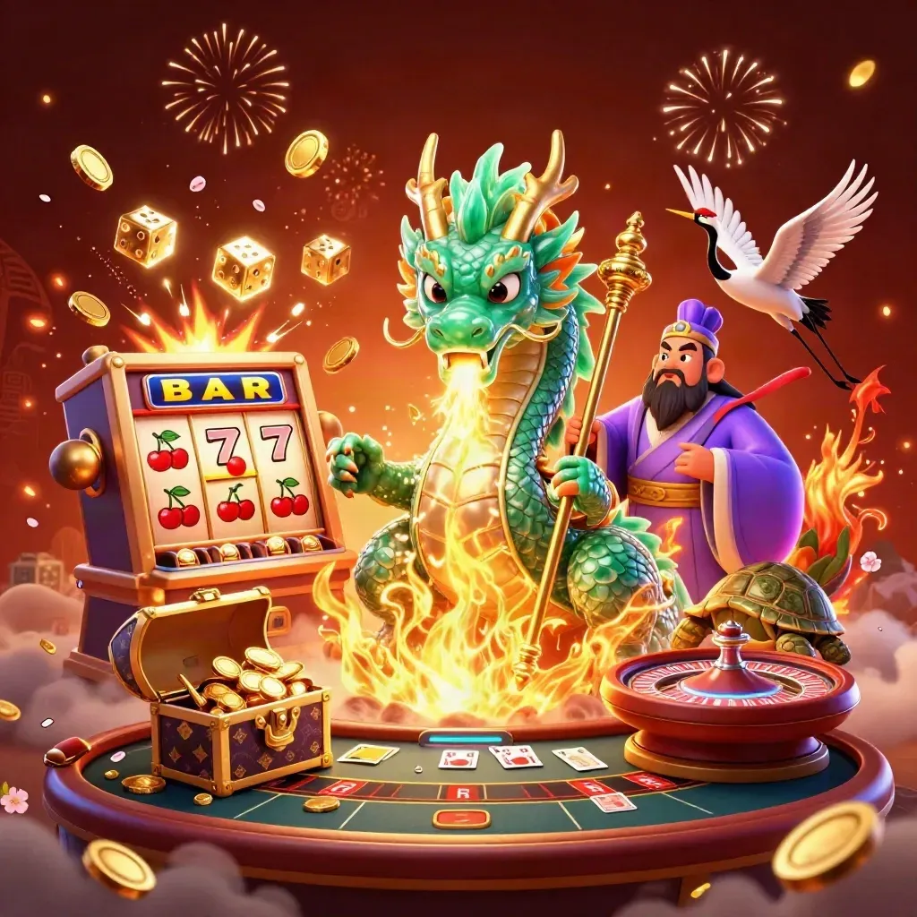 Jade dragon, turtle sage and cranes burst amid slot reels, gold coins, dice and casino glow.