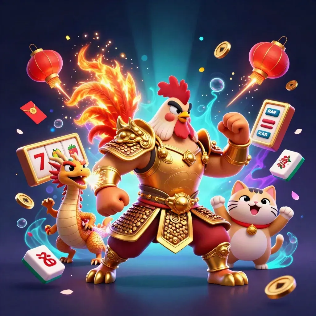 Rooster warrior, dragon hatchling, and fortune-cat amid casino loot, glowing cyan-purple cosmic effects.