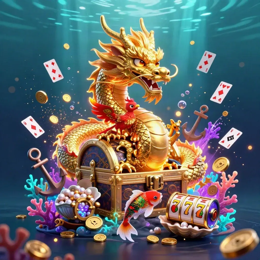 Golden dragon, phoenix and koi over a treasure chest in a glowing cosmic underwater casino scene.