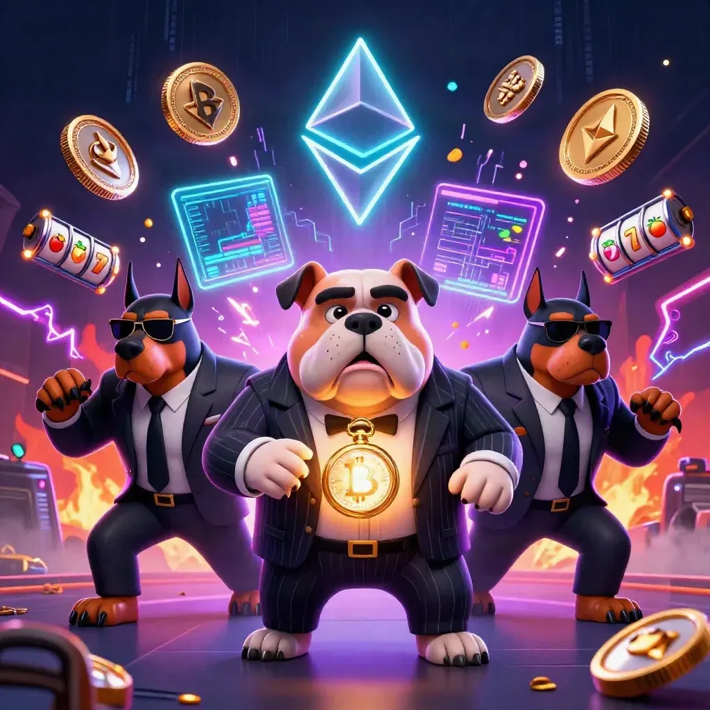 Bulldog boss with two Dobermans amid neon coins, reels, lightning, and ember glow