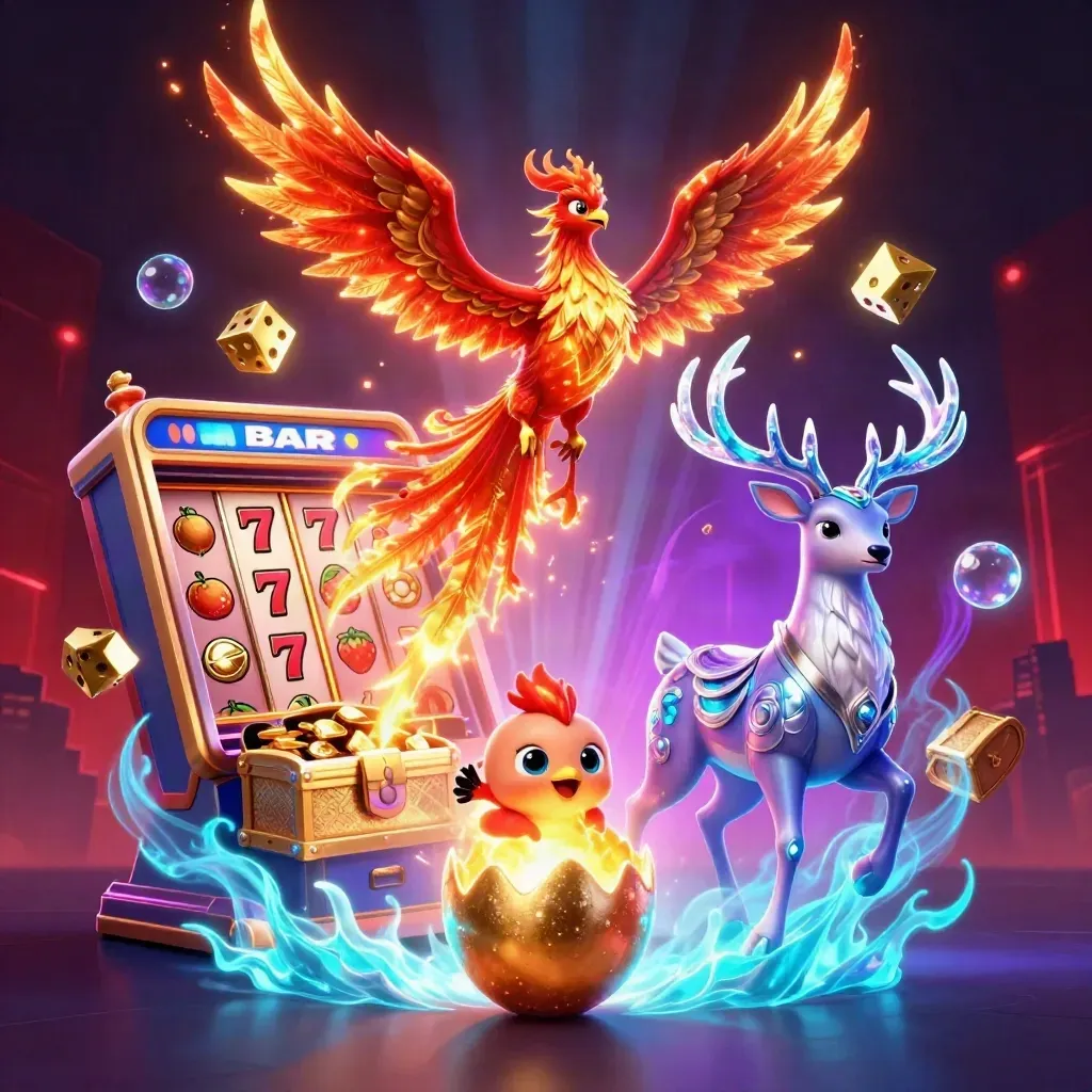 Phoenix, baby phoenix, and crystal stag amid slot reels, dice, and gold in cosmic casino glow