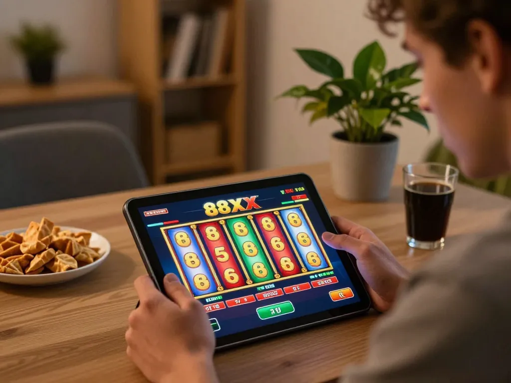 A player engaging with the 88xx online casino app on a tablet, showcasing an exciting gaming environment at home