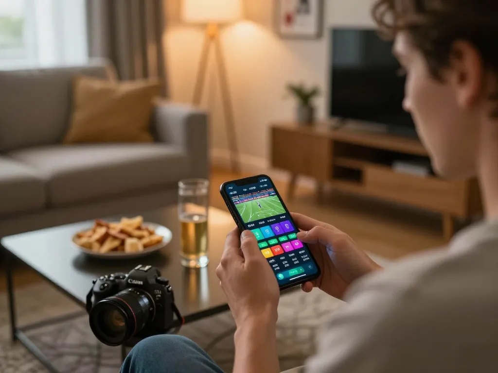 Experience thrilling sports betting on HB88 with a dynamic mobile app interface in a cozy living room.