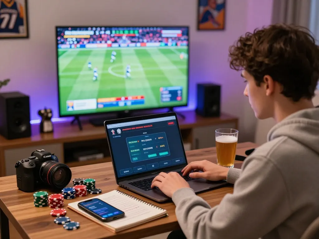 Engaging online betting scene with hm88 bet đăng nhập on a laptop in a vibrant home workspace.