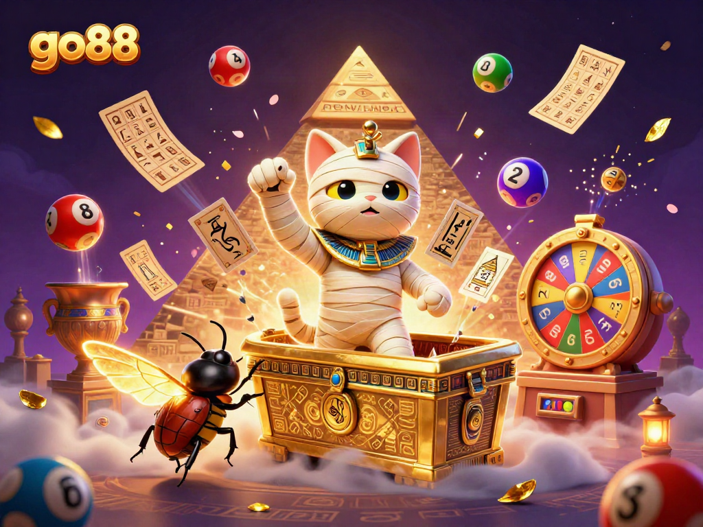 Experience the excitement of go88 with a vibrant casino scene featuring a mummy cat, scarab beetle, floating cards, and energetic game elements.