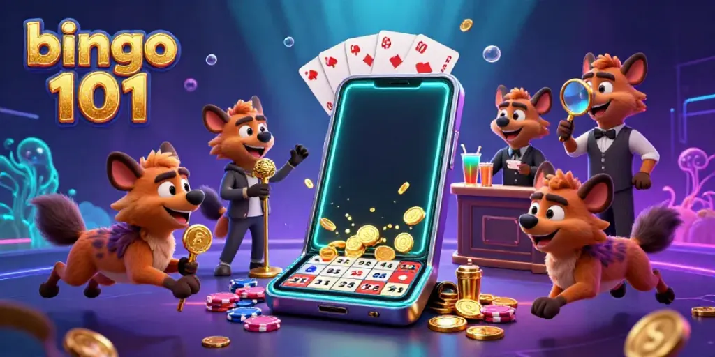 Experience the fun of bingo 101 with hyenas in a vibrant casino scene featuring games and drinks.