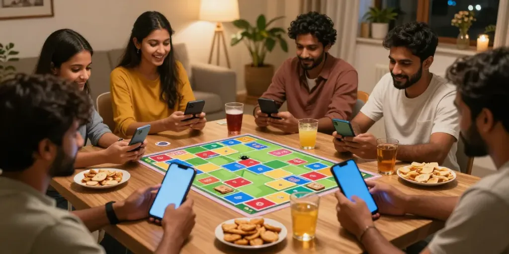 Exciting scene of players engaged in rumble rummy on mobile devices, showcasing a vibrant gaming atmosphere.