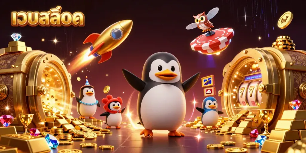 สล็อตเว็บ - ภาพประกอบ 3D ของเพนกวินทองคำกับคาสิโนในอวกาศที่เต็มไปด้วยสีสัน