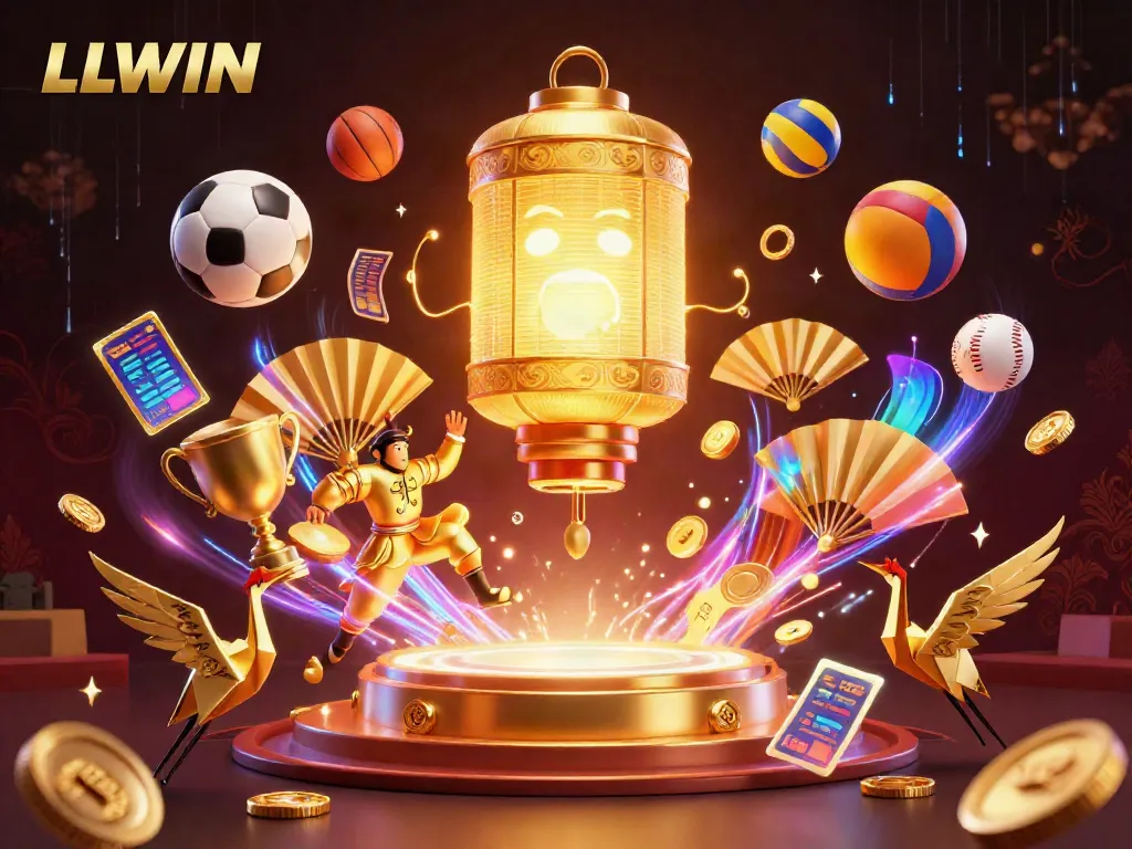 Engage with the thrilling world of LLWIN, where golden lantern spirits guide dynamic sports betting action amidst a vibrant casino ambiance.