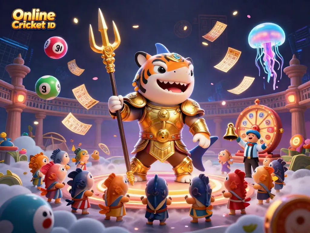 Engage with Online Cricket ID in an action-packed 3D scene featuring a tiger shark and lively gambling elements.