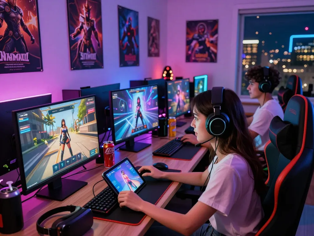 Players enjoying engaging porngames on various devices in a vibrant gaming environment.