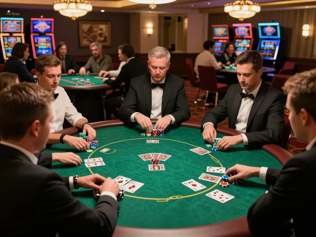 Players engaged in a vibrant poker game at Jeetbuzz 88 casino with colorful chips and cards.