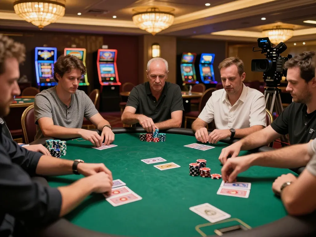 Players engaged in a thrilling poker game at maxpoker88 casino with vibrant tables and strategic moves.