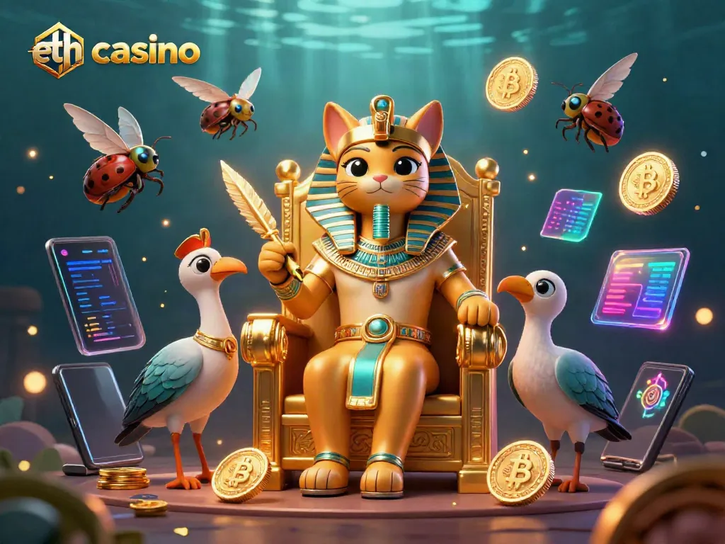 Engage with the eth casino experience featuring a vibrant 3D scene of characters and crypto elements.
