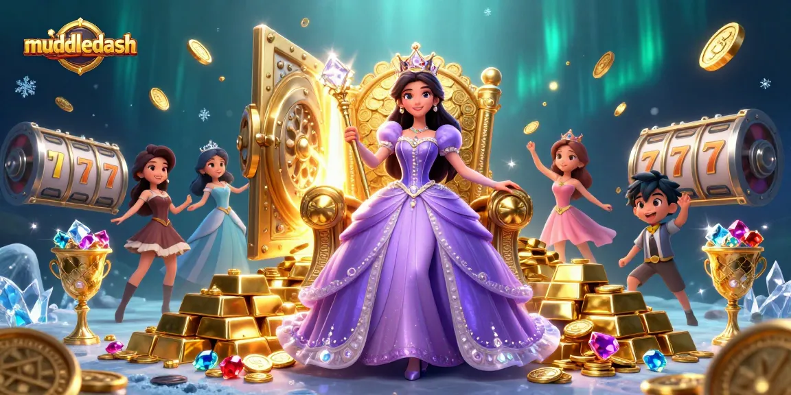 Muddledash reveals a dazzling scene of a royal Asian woman in a casino with treasure and slot reels.