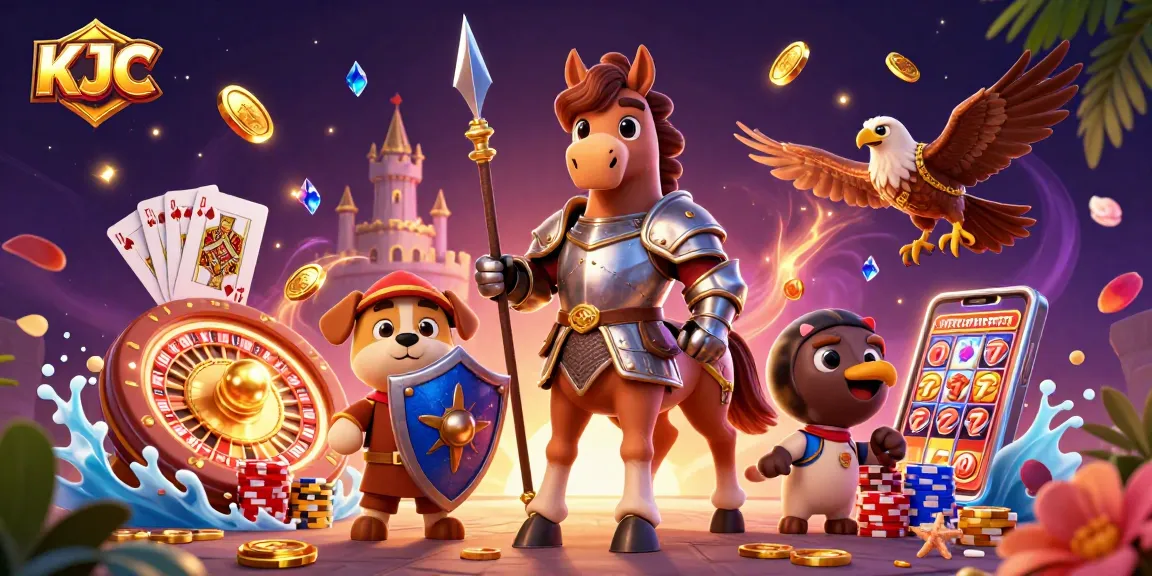 KJC promotions illustrated with a medieval knight, squire puppy, and falcon surrounded by casino elements.