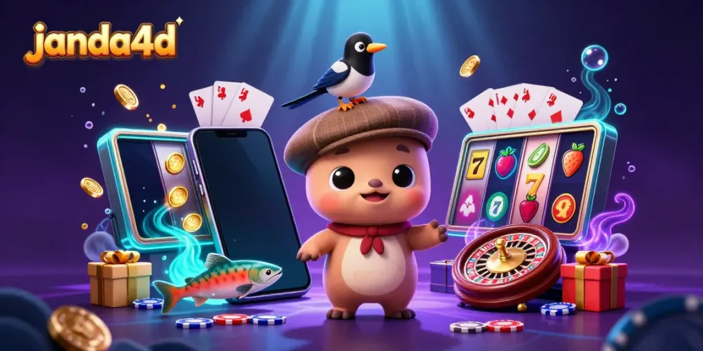 Ilustrasi digital 3D janda4d yang menarik dengan monster Loch Ness dan elemen slot yang berkilauan.