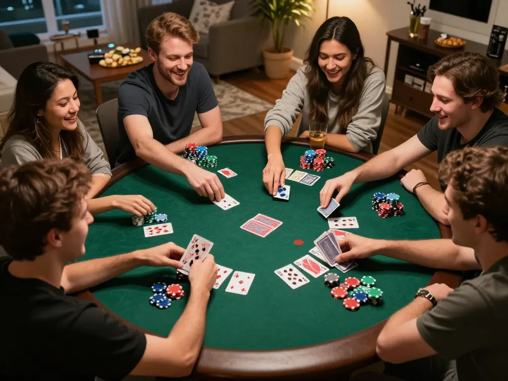 Friends enjoying a strategic poker game at home with a focus on kong 88 gameplay, surrounded by chips and snacks