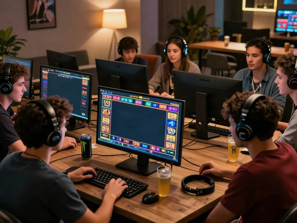 A vibrant scene of friends enjoying akunjp online slots in a gaming lounge.