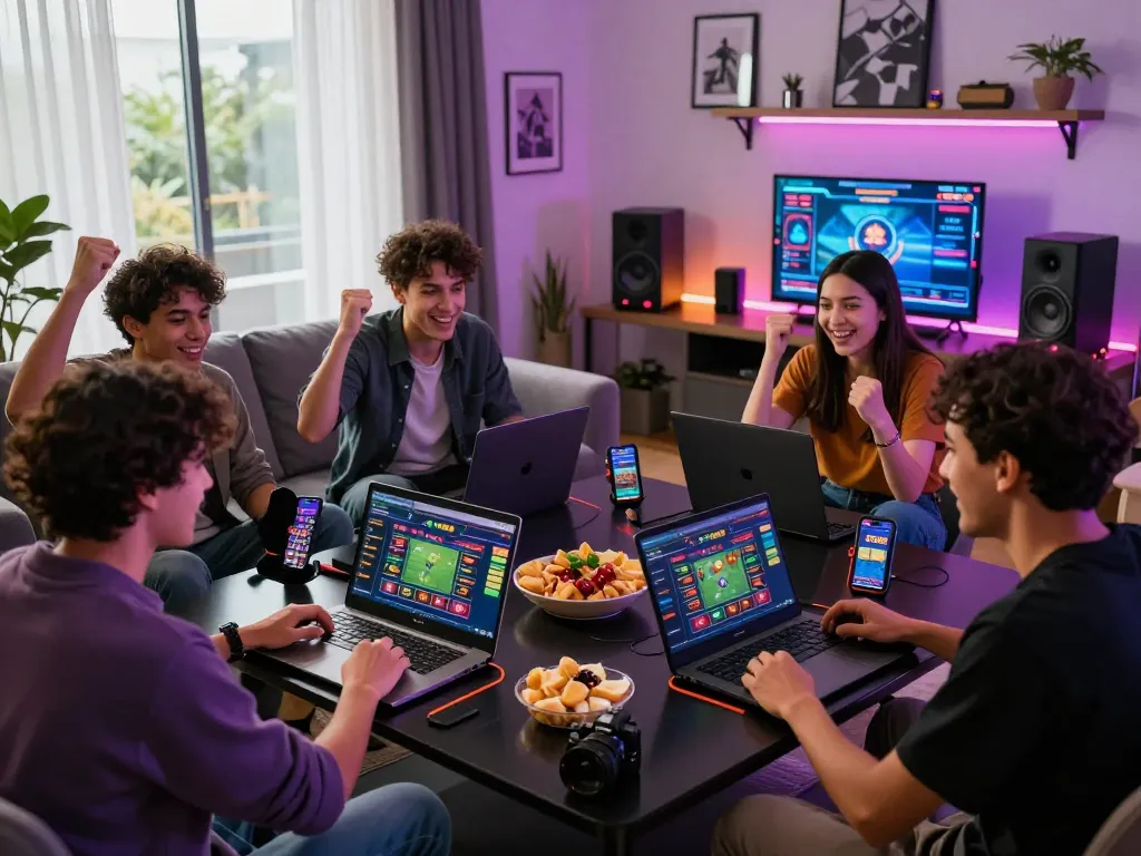 Exciting gaming atmosphere at https://sc88e.com/ with friends enjoying online betting on multiple devices.