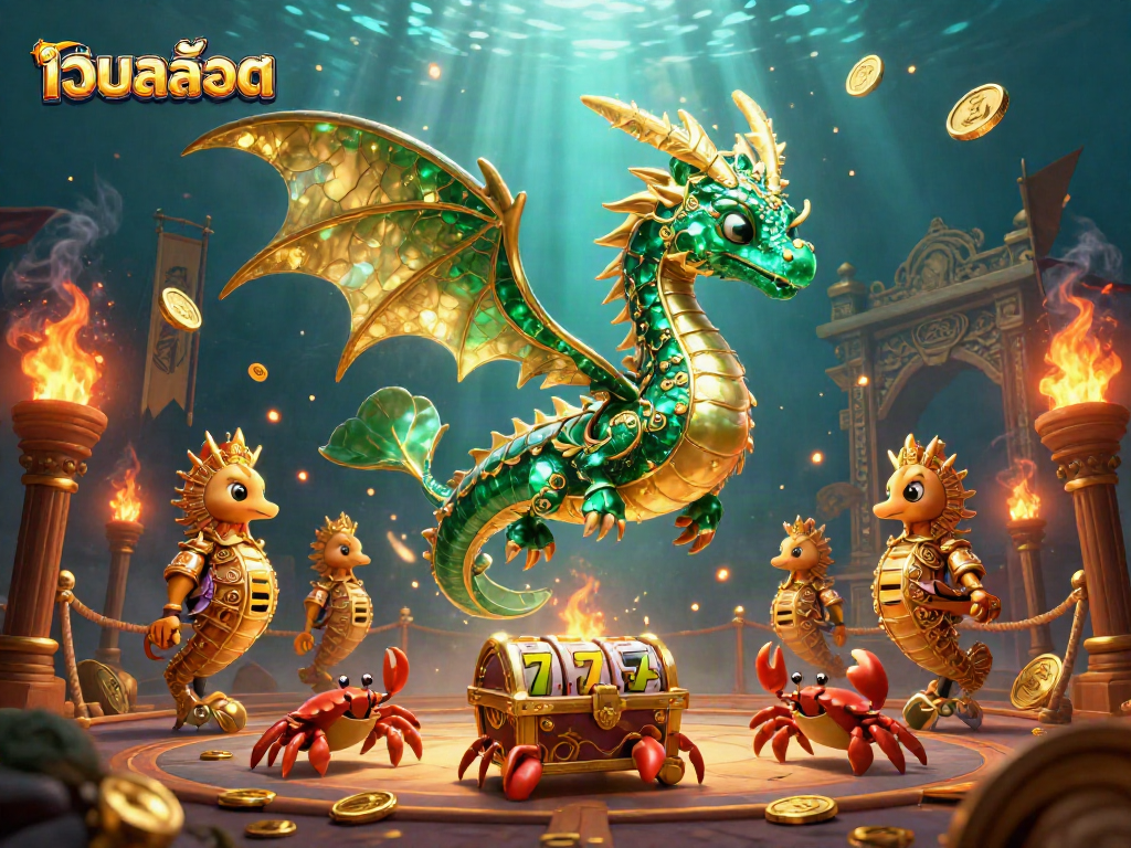 Engage with เว็บสล็อต in a vibrant underwater casino world featuring a dragon, reef treasures, and dynamic slot game elements.