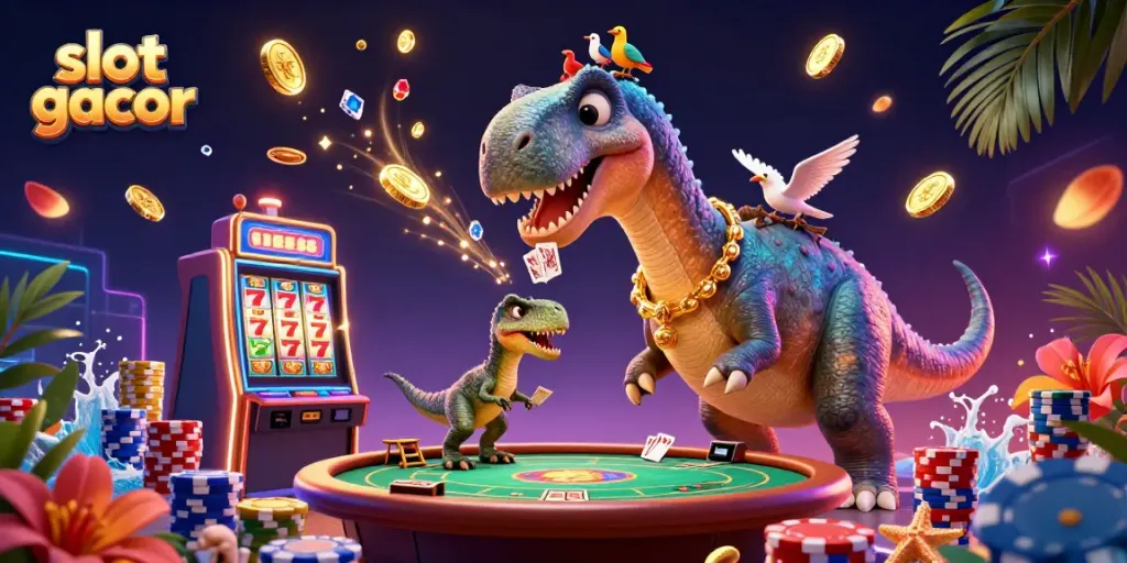 Ilustrasi slot gacor dengan dinosaurus, kartu, dan koin berkilauan dalam suasana kasino.