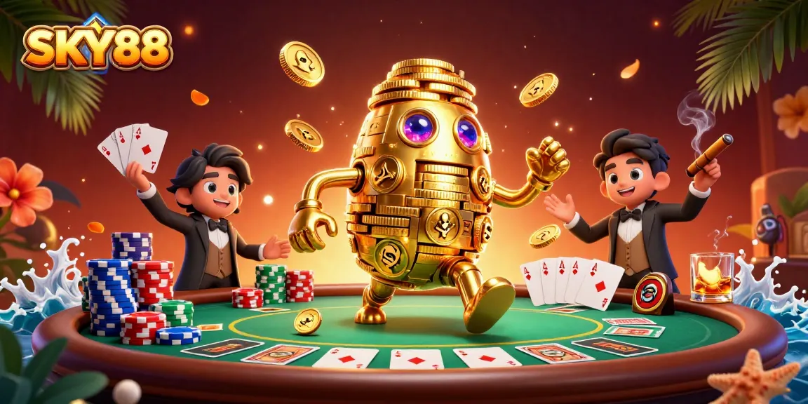 Experience SKY88’s vibrant gaming world with a golden golem surrounded by exciting poker elements.