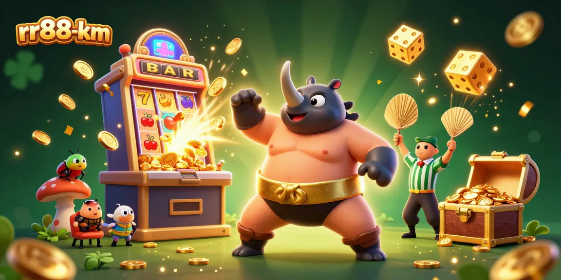 Exciting rr88-km slot game scene featuring a rhinoceros beetle champion amidst golden coins and colorful symbols.