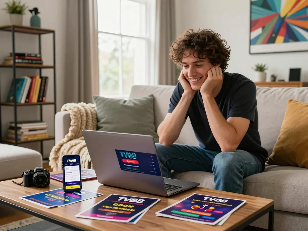 Excited user logging into TV88 bet đăng nhập in a vibrant living room setting with gaming paraphernalia.